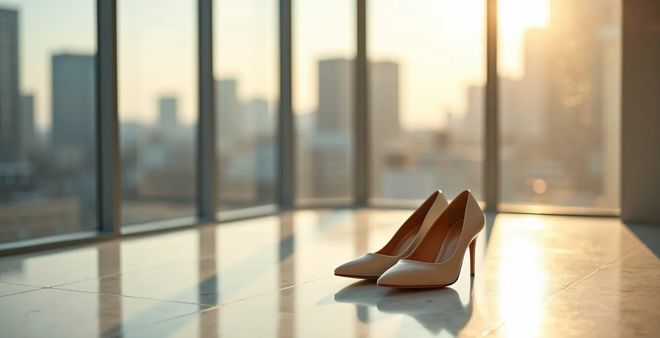 Elegante beige Pumps einer Geschäftsfrau mit Frankfurter Skyline im Hintergrund