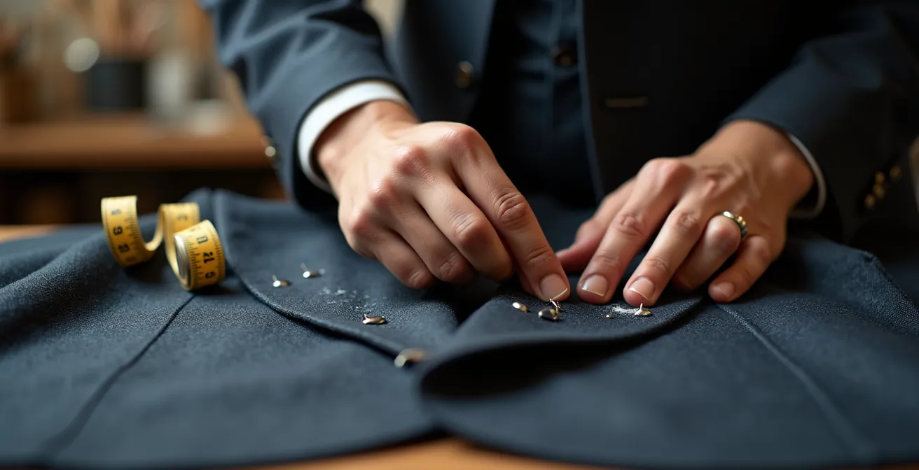 Nahaufnahme von Schneiderhänden beim Abstecken eines Blazers an der Taille einer Kundin.
