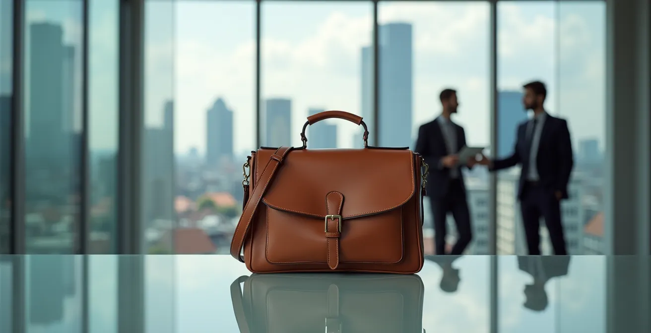 Professionelle Businessfrau mit hochwertiger Ledertasche in deutschem Büroumfeld