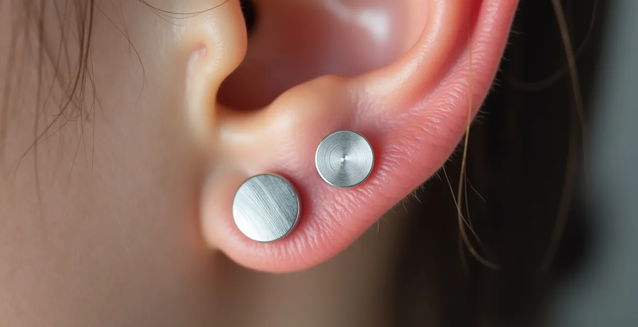 Makroaufnahme von Chirurgenstahl und Titan Ohrsteckern auf Hautoberfläche