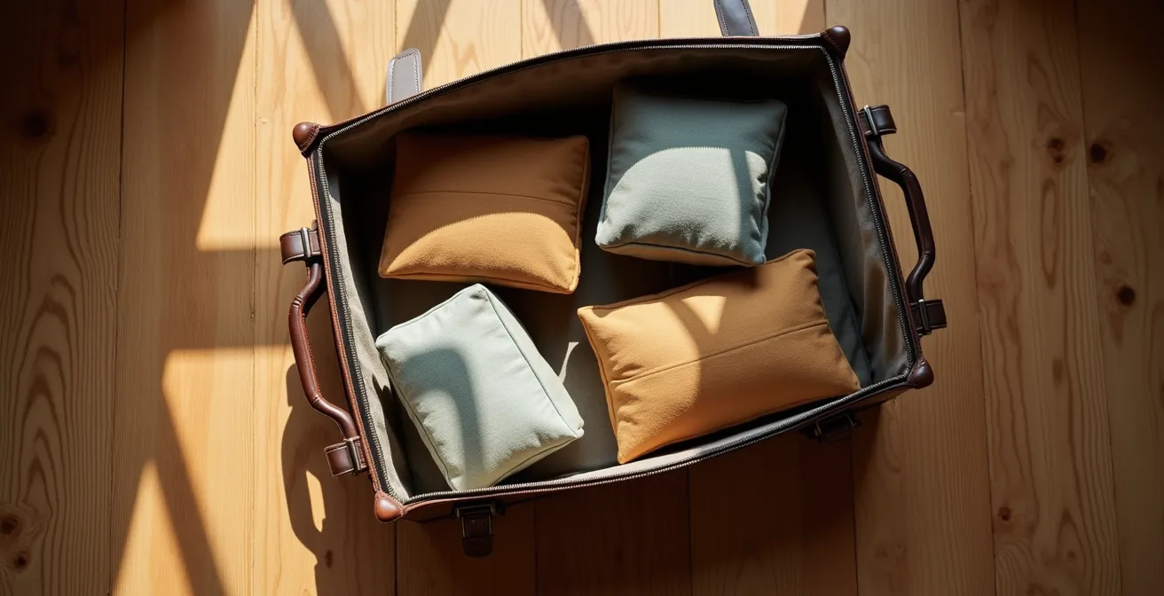 Systematisch organisiertes Handgepäck mit Packwürfeln in neutralen Farben