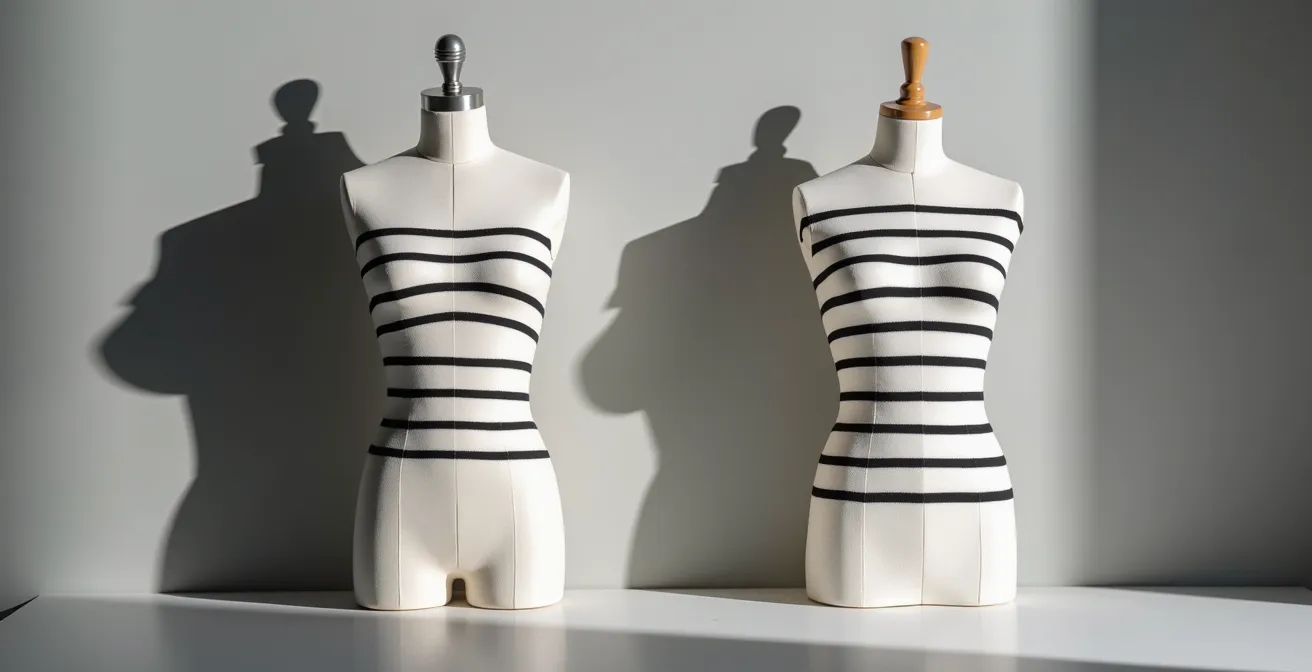 Vergleich von Querstreifen und Längsstreifen an Kleidungsstücken, der die optische Täuschung des Helmholtz-Effekts demonstriert.