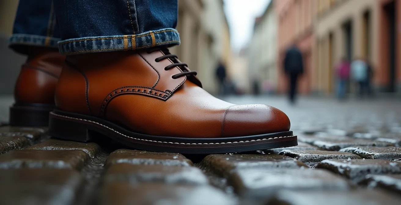 Nahaufnahme einer italienischen Ledersohle mit professionell angebrachtem Gummischutz auf nassem Kopfsteinpflaster