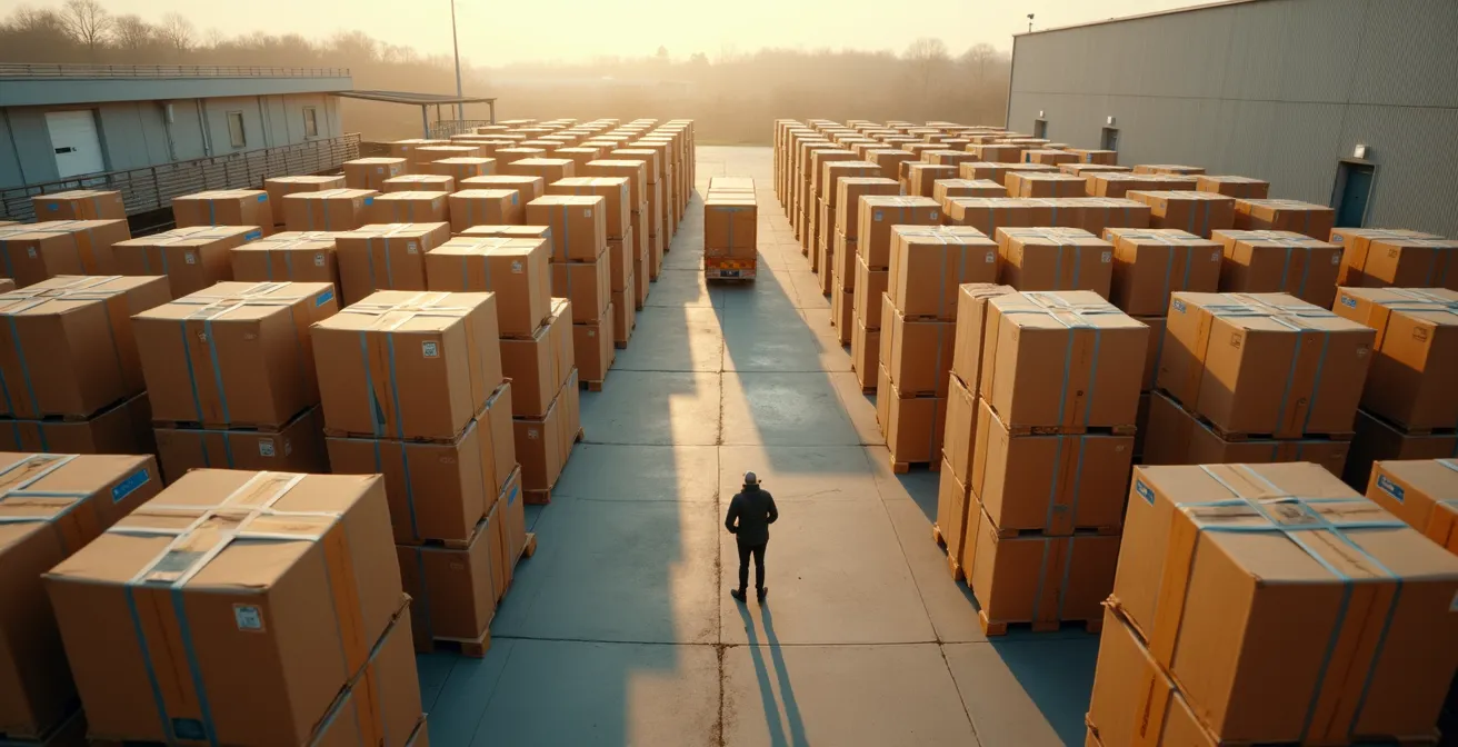 Ein riesiger Berg von Paketen in einem Logistikzentrum symbolisiert das Retouren-Problem und seine Umweltbelastung in Deutschland.