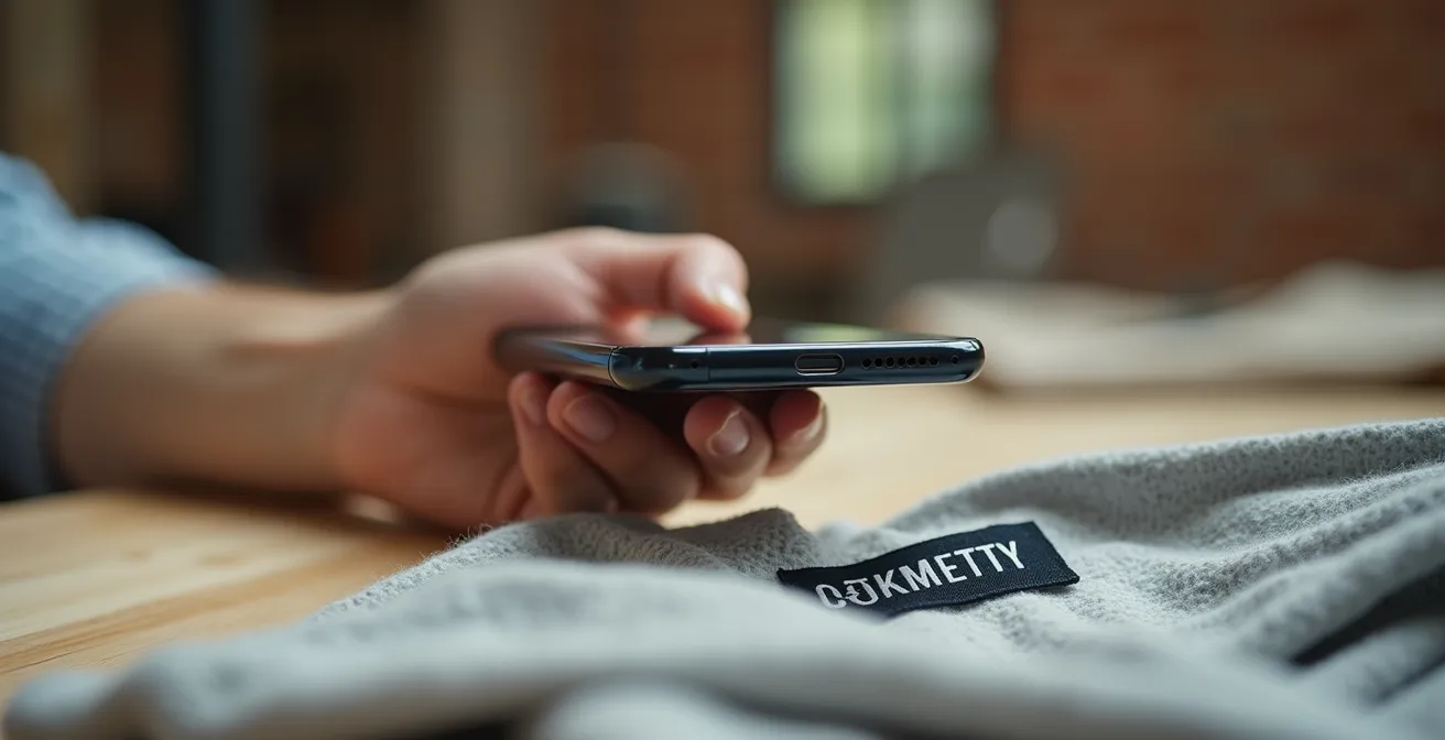 Eine Person scannt mit einem Smartphone einen QR-Code auf einem Textiletikett, um die Lieferkette zu verfolgen.