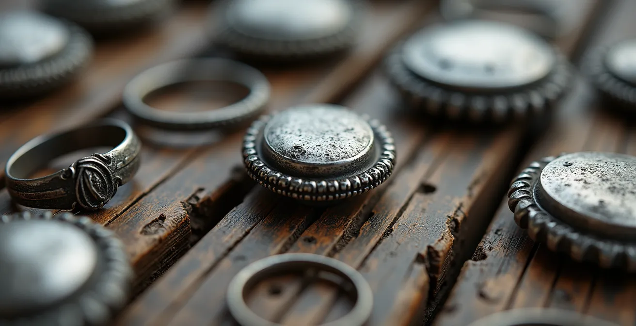 Detailaufnahme von Vintage-Schmuckstücken und Stempeln auf einem Flohmarkt