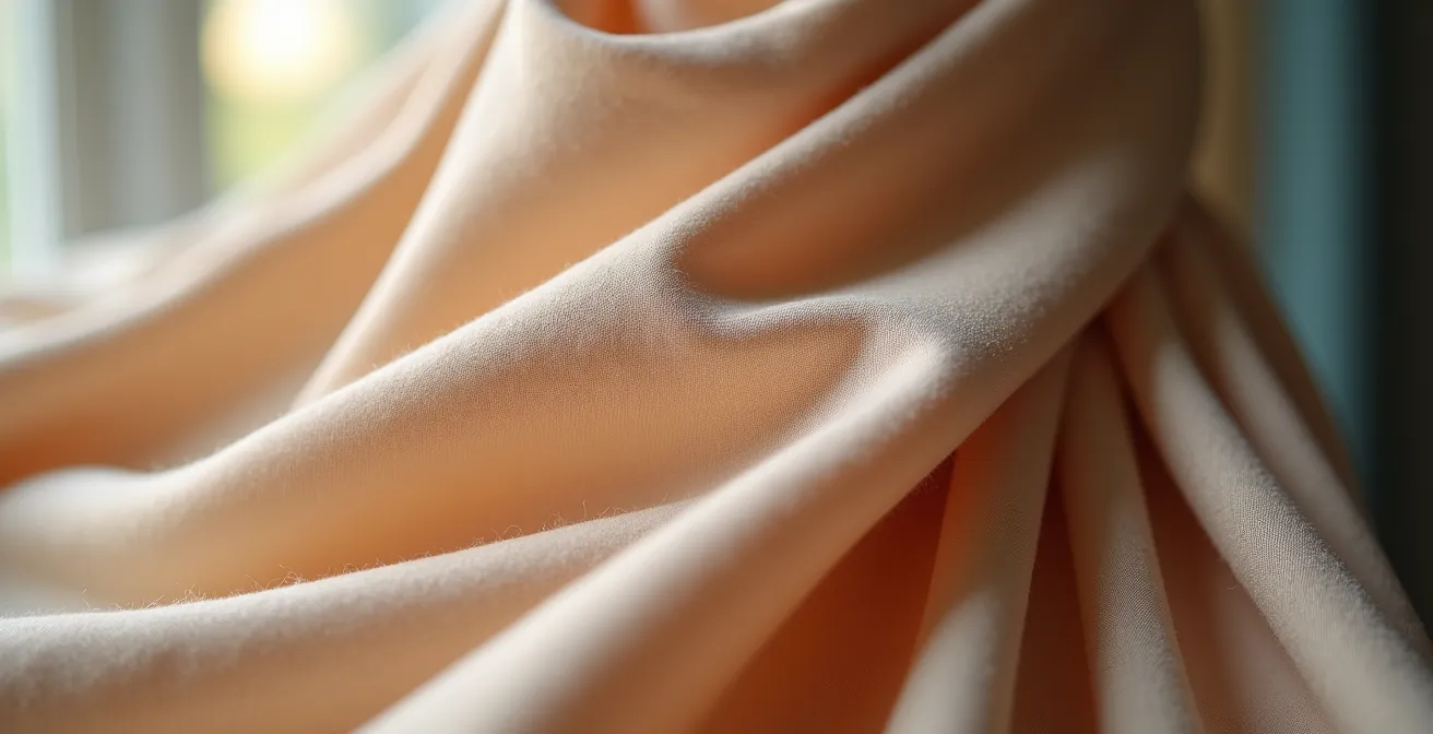 Nahaufnahme der diagonalen Raffung eines Wickelkleides, die die schmeichelhafte Wirkung der Stofffalten zeigt.