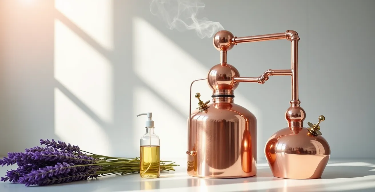 Traditionelle Destillationsanlage für Bio-Weingeist in der Naturkosmetikherstellung