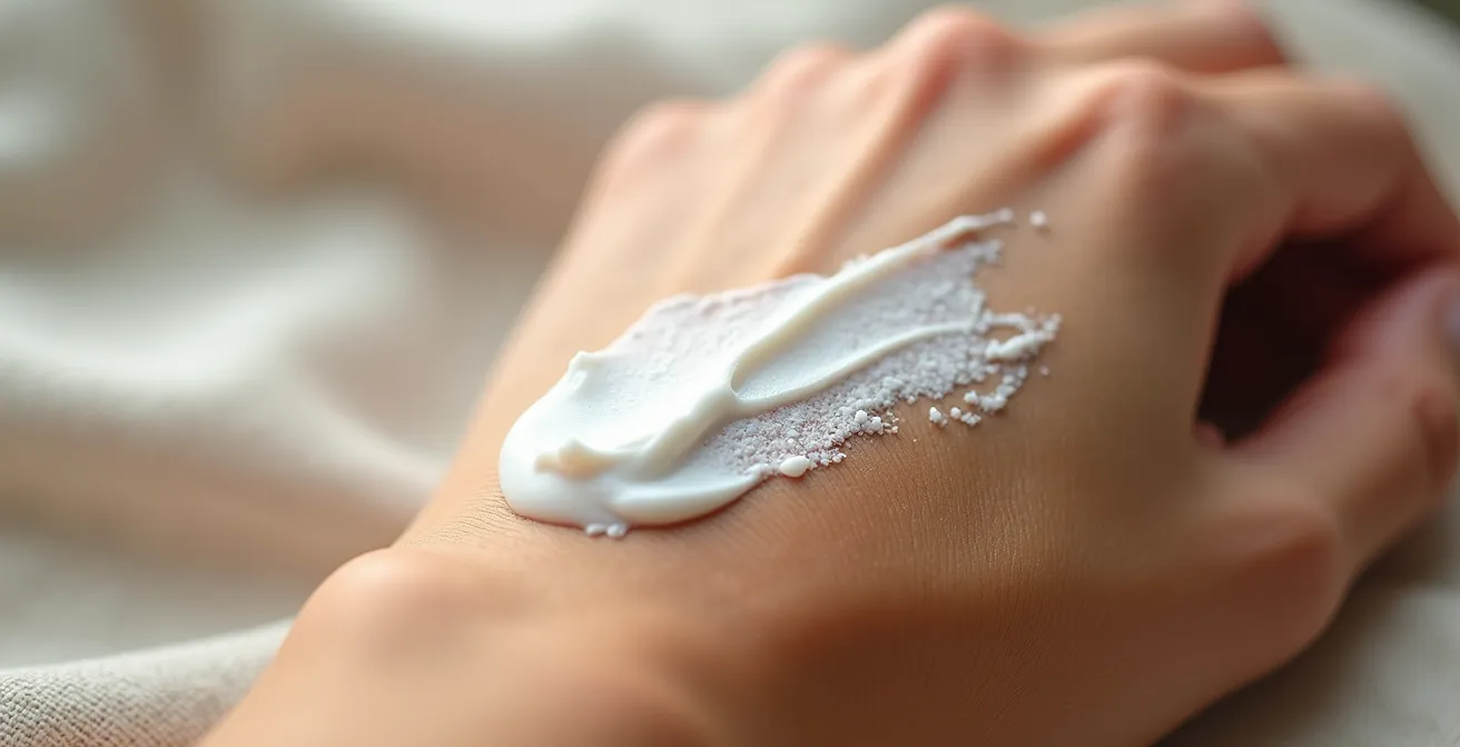 Makroaufnahme einer Bio-Creme mit sichtbaren mineralischen Partikeln beim Einziehen