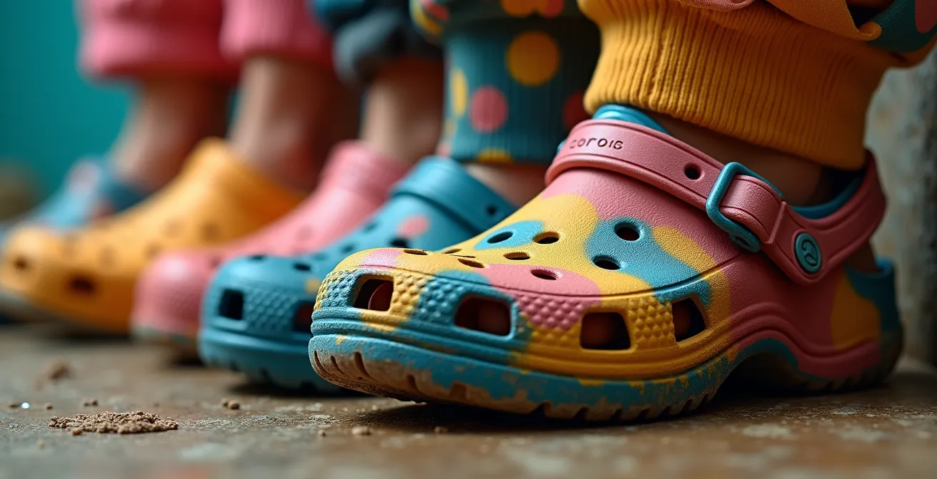 Nahaufnahme von Birkenstock-Sandalen und Crocs in leuchtenden Farben