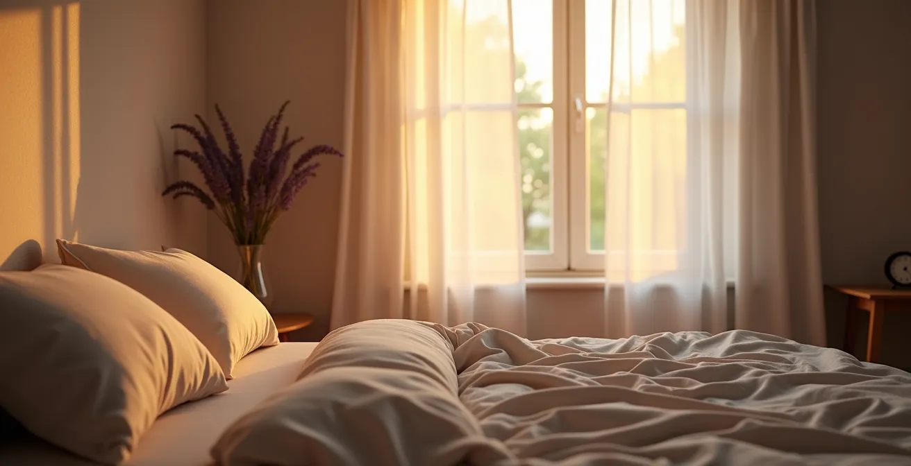 Beruhigendes Schlafzimmer ohne digitale Geräte bei Dämmerung