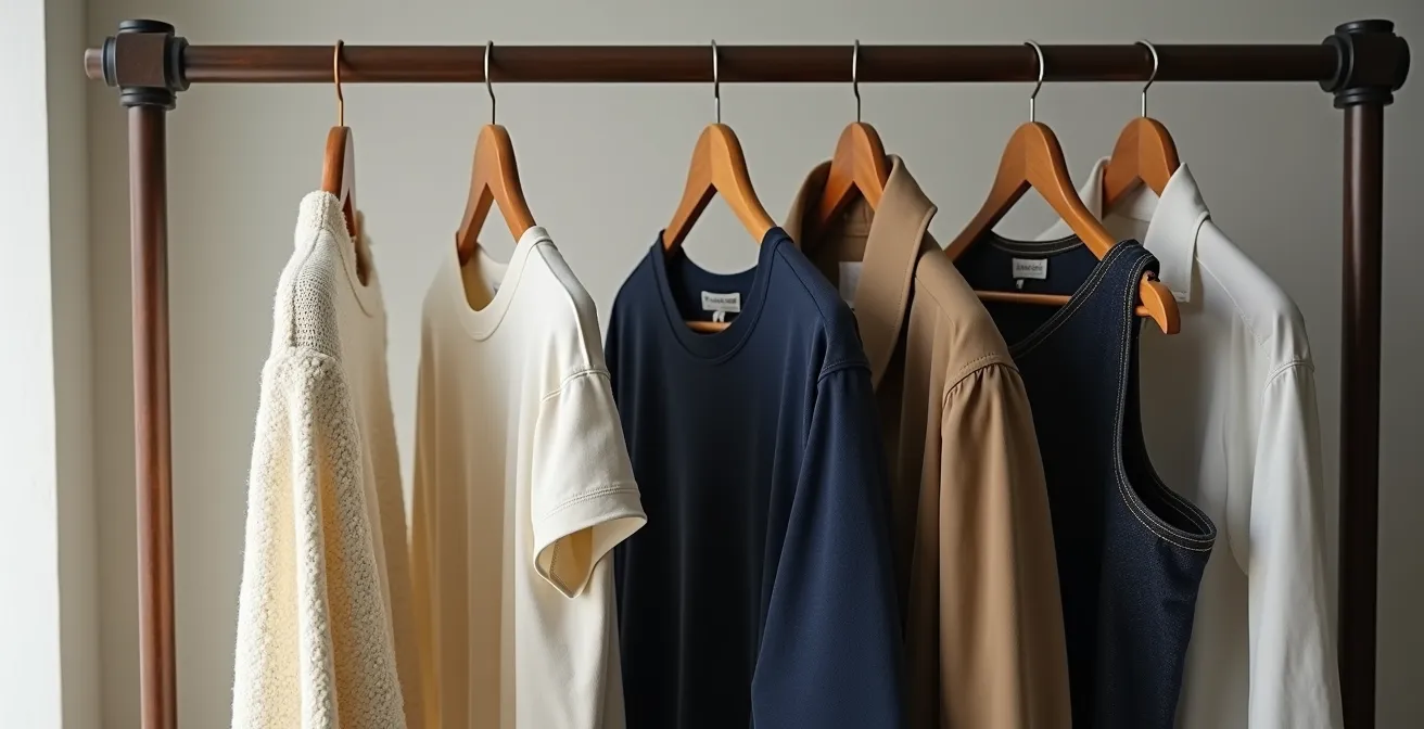Aufgereihte hochwertige Basics in neutralen Farben auf Holzbügeln
