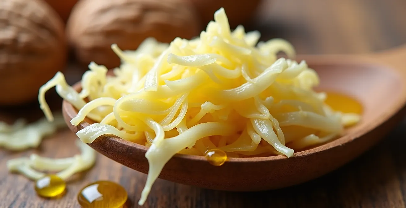 Makroaufnahme von fermentiertem Sauerkraut und Leinöl, die die Darm-Haut-Achse unterstützen