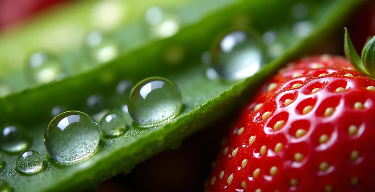 Makroaufnahme von Wassertropfen auf frischen deutschen Gemüsesorten wie Gurke und Erdbeere