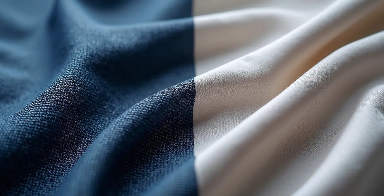 Nahaufnahme verschiedener Stofftexturen für Oversized-Kleidung, links steifer Denim, rechts fließende Seide.