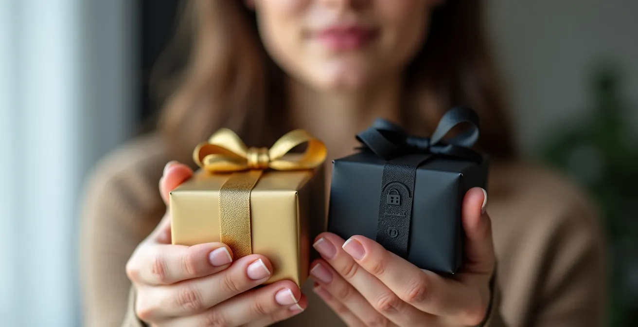 Symbolische Darstellung des Datenschutz-Dilemmas bei Geburtstagsrabatten, bei der eine Person zwischen einer Geschenkbox für den Rabatt und einer verschlossenen Box für die Privatsphäre wählt.