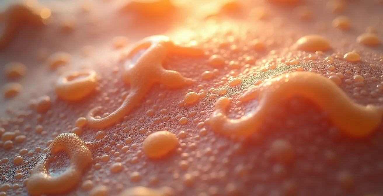 Makroaufnahme von Hautstruktur mit Kollagenfasern und Glykation-Effekt