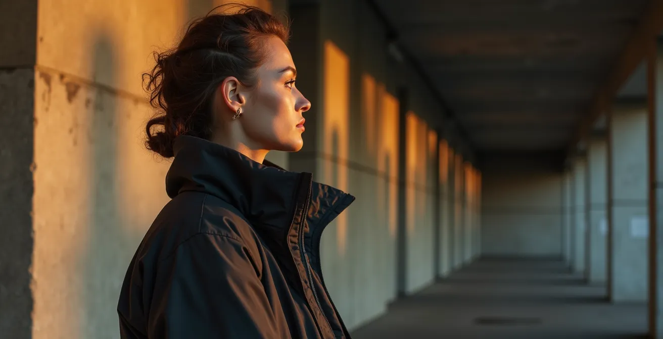 Person in technischer Outdoor-Jacke vor Berliner Industriearchitektur