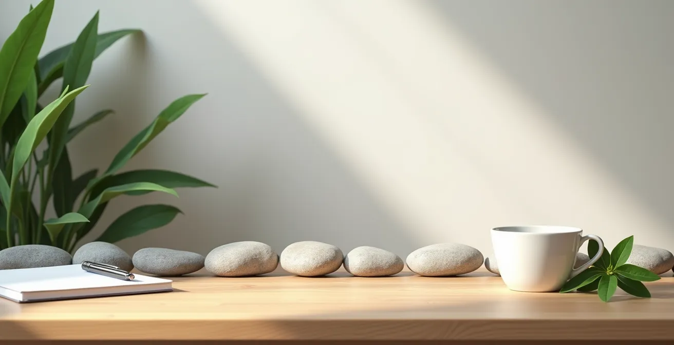 Symbolische Darstellung von Work-Life-Balance durch eine natürliche Grenze aus Steinen auf einem Schreibtisch