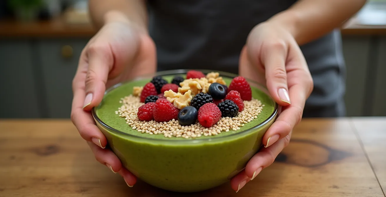 Smoothie-Bowl mit heimischen deutschen Superfoods als Topping wie Walnüsse und Beeren