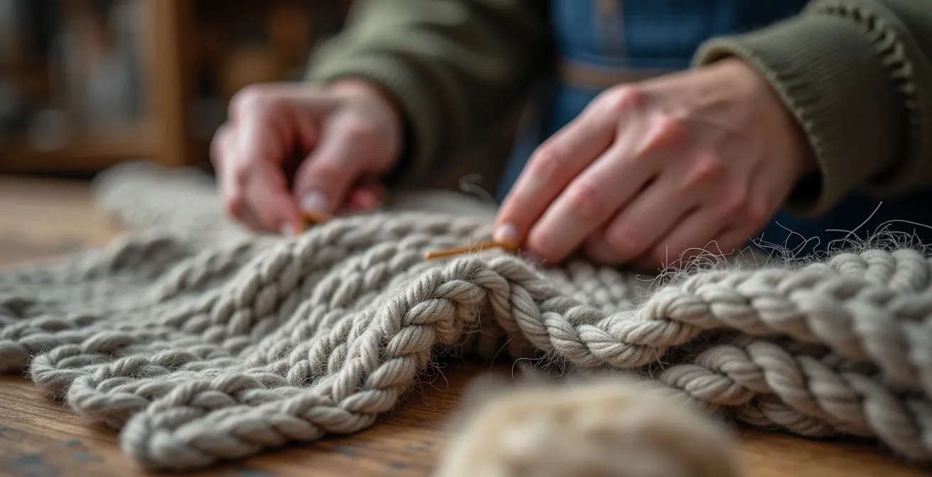 Detailaufnahme von handgestricktem Schal aus Merinowolle, der die feine Handwerkskunst zeigt