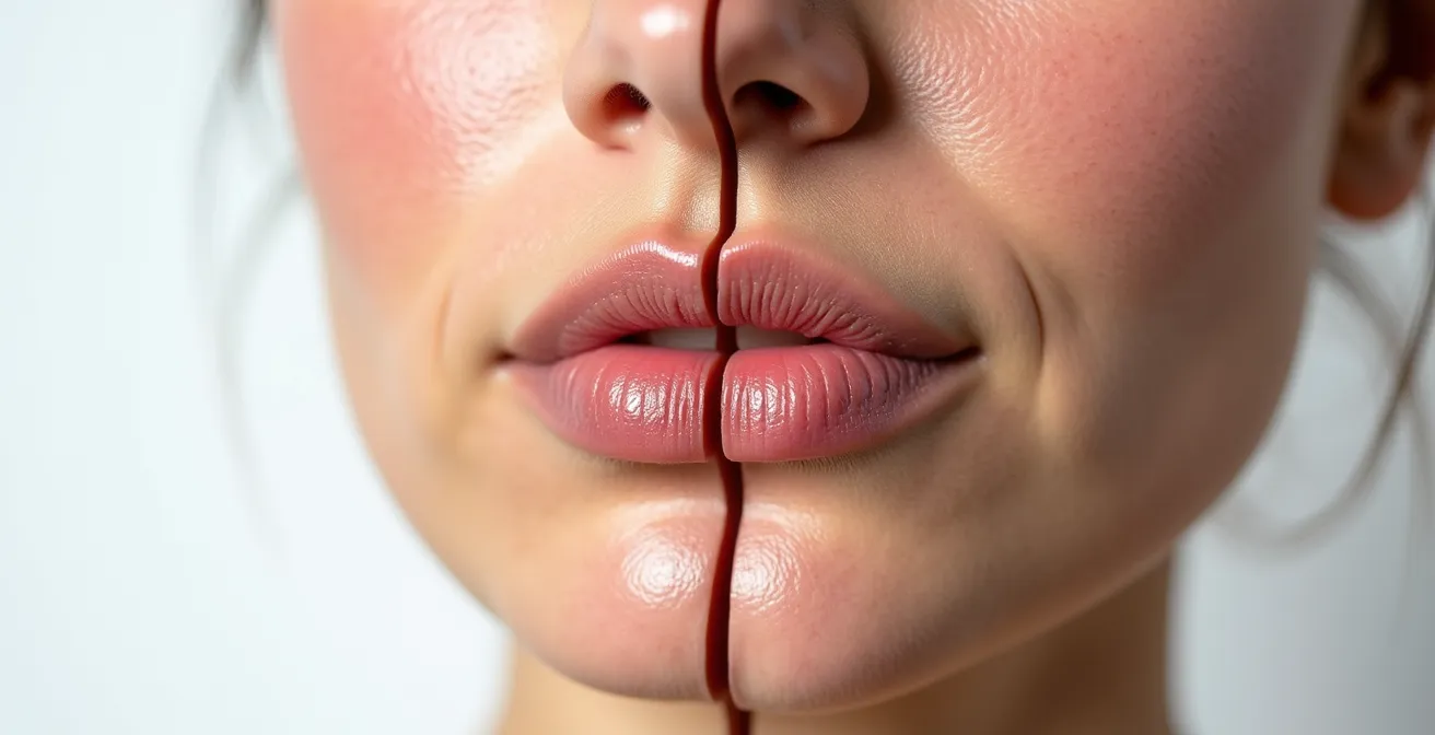 Makroaufnahme von Hautoberfläche mit sichtbarer Textur zeigt Unterschied zwischen dehydrierter und lipidarmer Haut