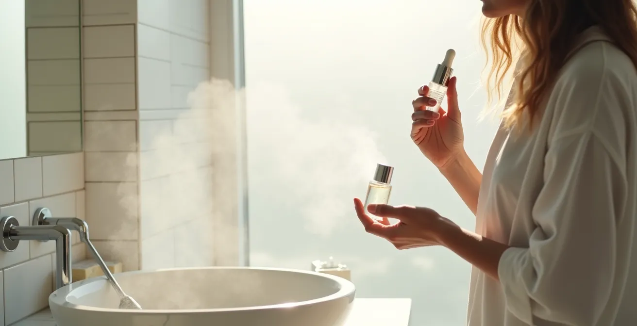 Minimalistische Darstellung von Feuchtigkeitspflege auf der Haut in einem hellen Badezimmer
