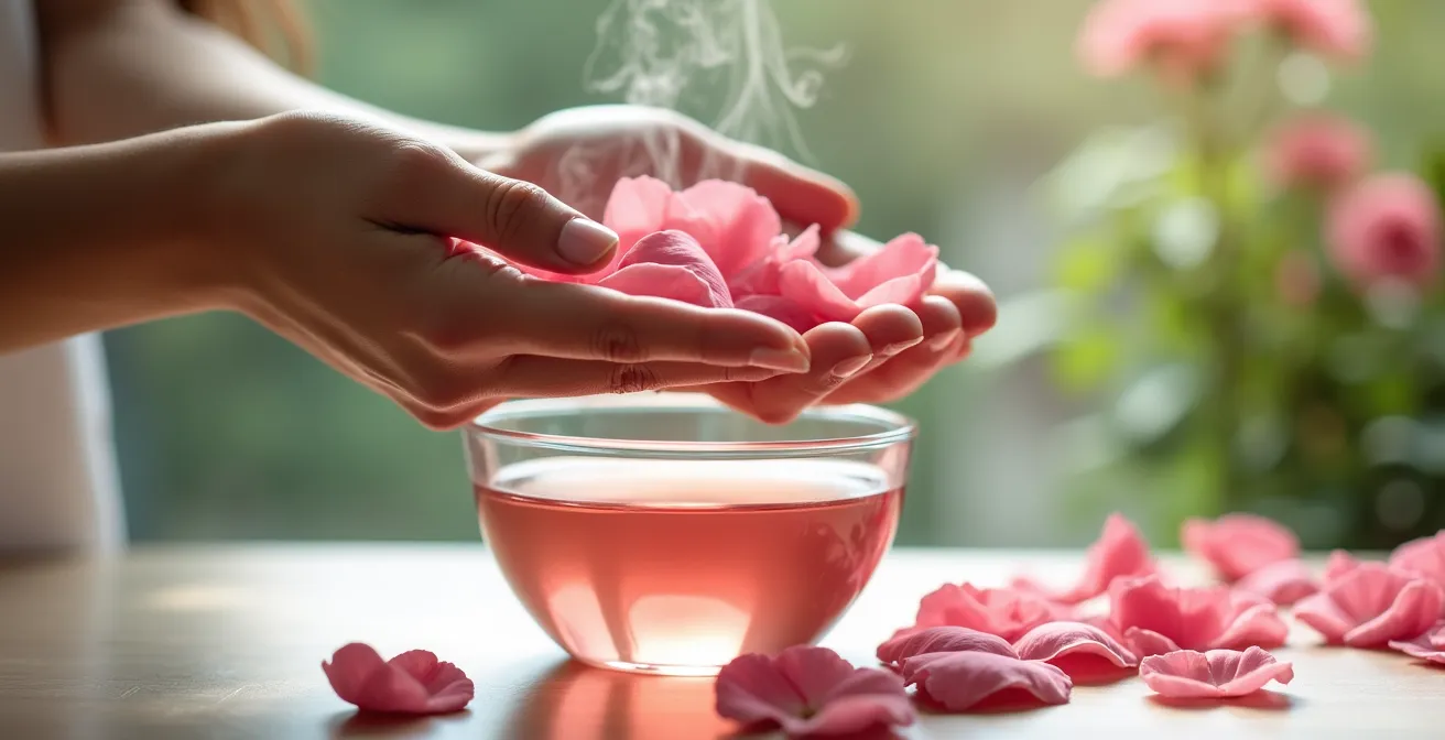 Frische Rosenblüten und destilliertes Rosenwasser in der Naturkosmetikherstellung