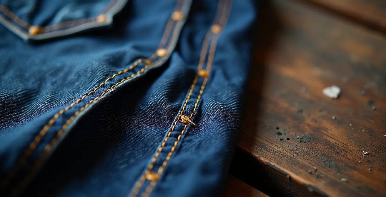 Nahaufnahme einer verstärkten Kappnaht an einer Arbeitshose