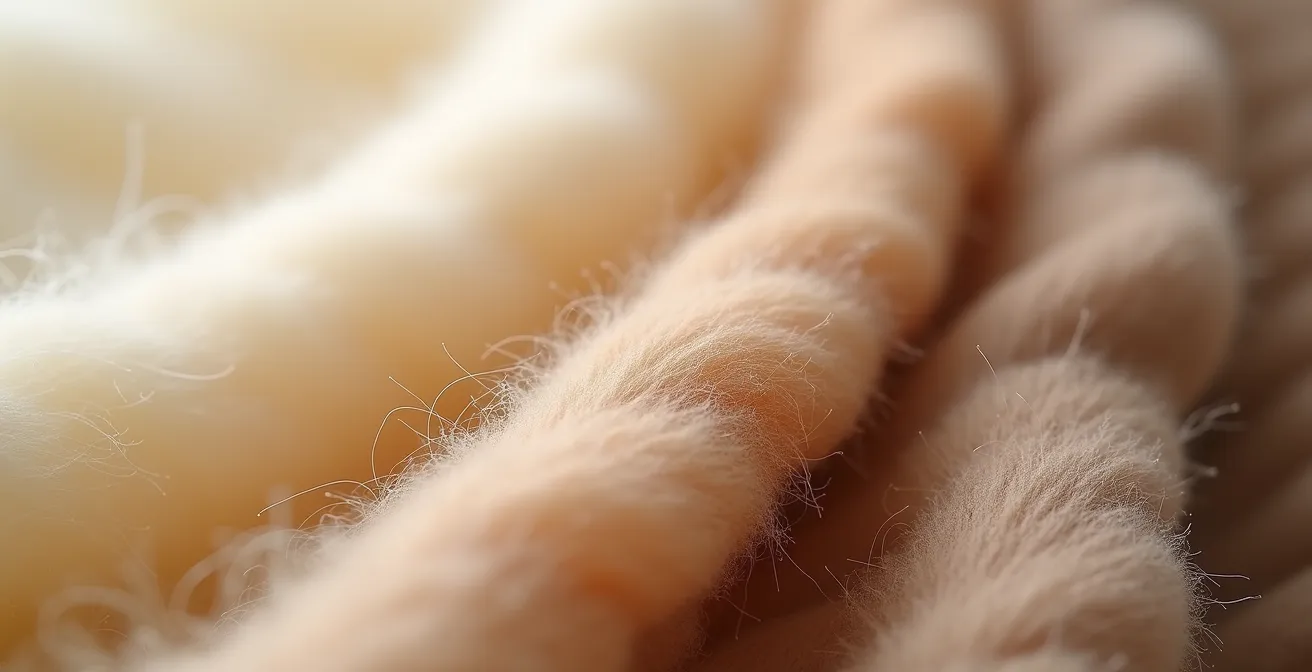 Makroaufnahme von hochwertigen Kaschmirfasern im Vergleich, die deren Feinheit und Länge zeigt
