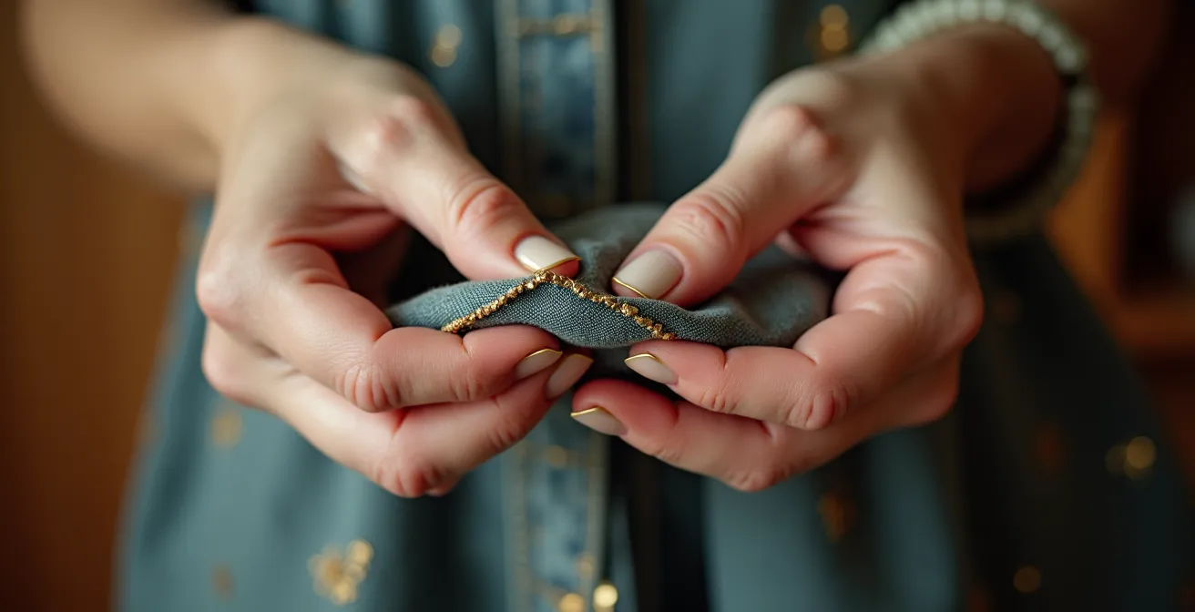 Nahaufnahme einer Hand, die ein umgestaltetes Kleidungsstück mit goldenen Nähten hält, die einen ehemaligen Schaden kunstvoll reparieren.