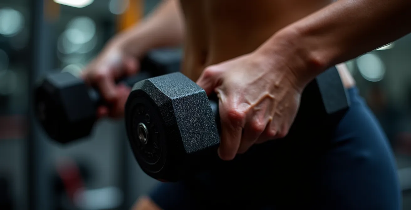 Frau beim Krafttraining mit Hanteln im deutschen Fitnessstudio