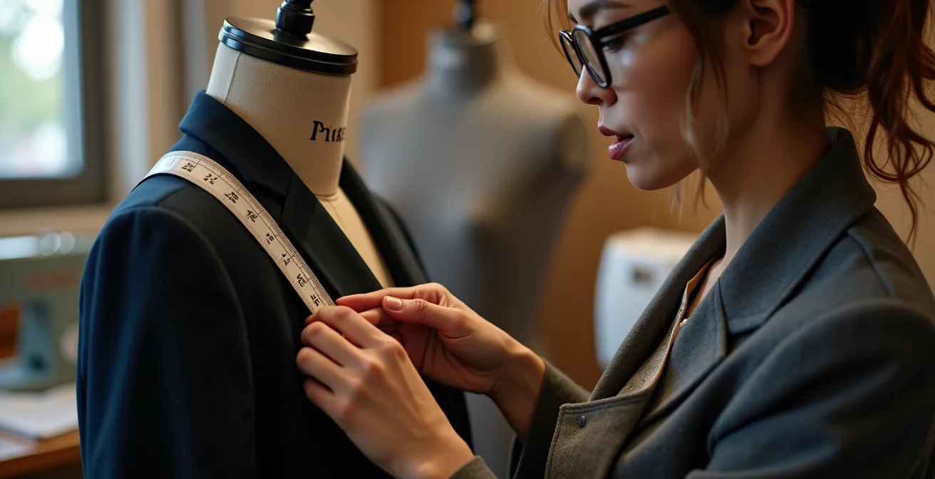 Schneiderin misst Ärmellänge eines Boyfriend-Blazers mit Maßband