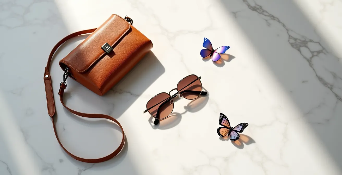 Stilvolles Arrangement von Y2K-Accessoires auf minimalistischem Hintergrund