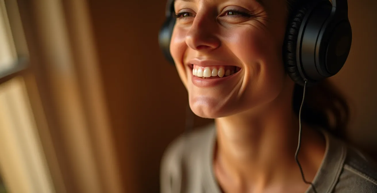 Nahaufnahme einer Person die mit geschlossenen Augen Musik hört und dabei lächelt