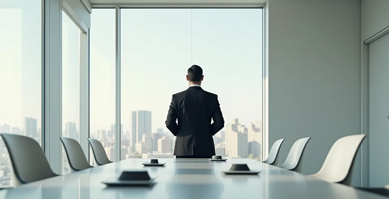 Eine Person in einem eleganten Oversized-Blazer steht selbstbewusst in einem modernen Konferenzraum.