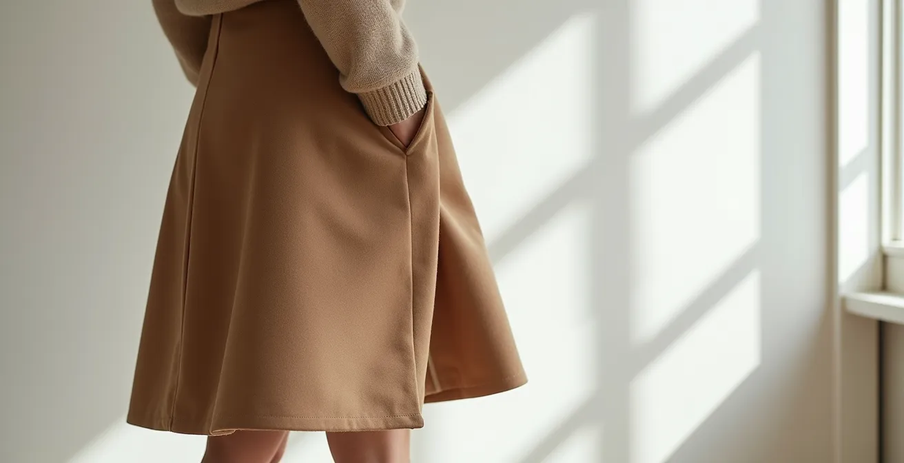 Detailaufnahme des hochwertigen Futters in einem Wollrock, das die glatte Textur im Kontrast zum Oberstoff zeigt