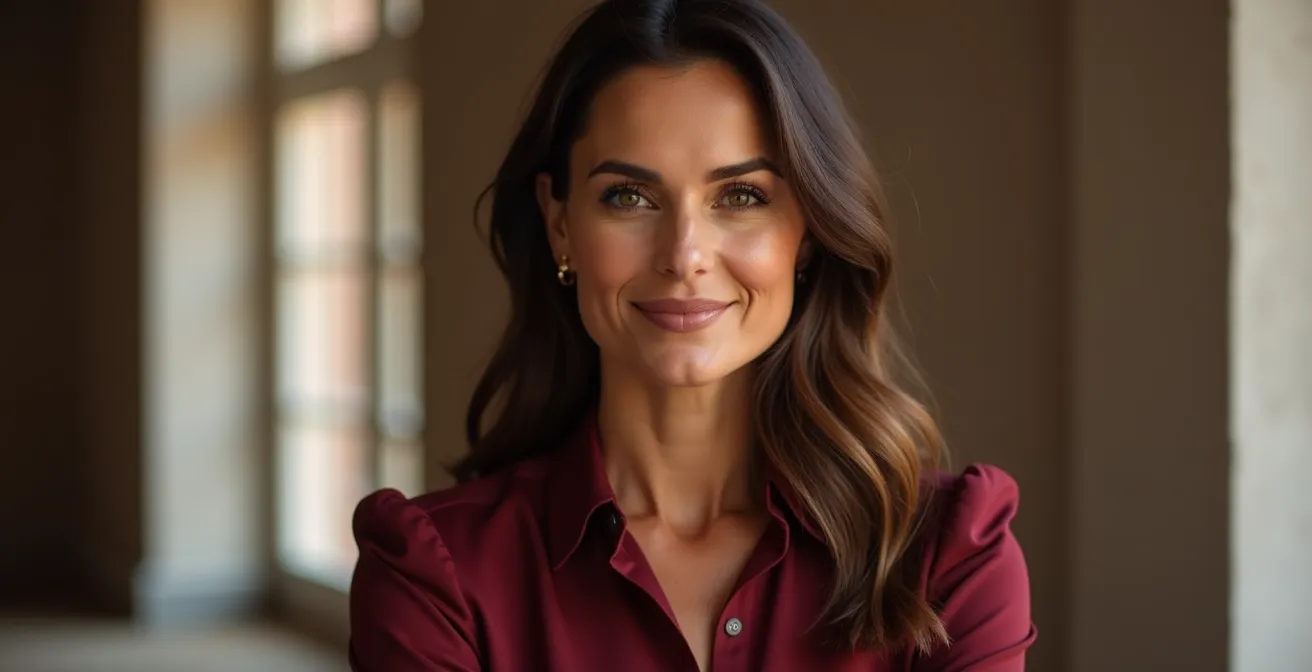 Elegante Frau in bordeauxrotem Ensemble mit verschiedenen Texturen