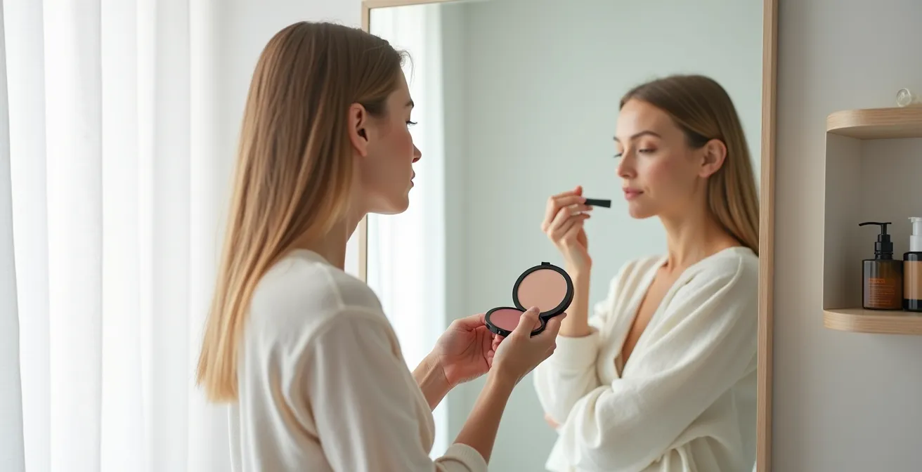 Eine Frau trägt in einem minimalistischen Badezimmer Rouge hoch auf den Wangenknochen auf, um einen modernen Lifting-Effekt zu erzielen.