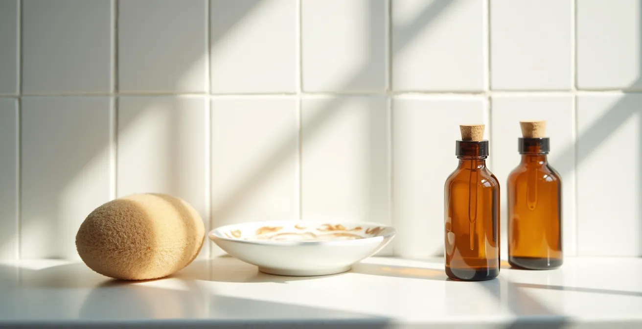 Sonnencreme-Textur auf gebräunter Haut mit sanftem Lichtspiel