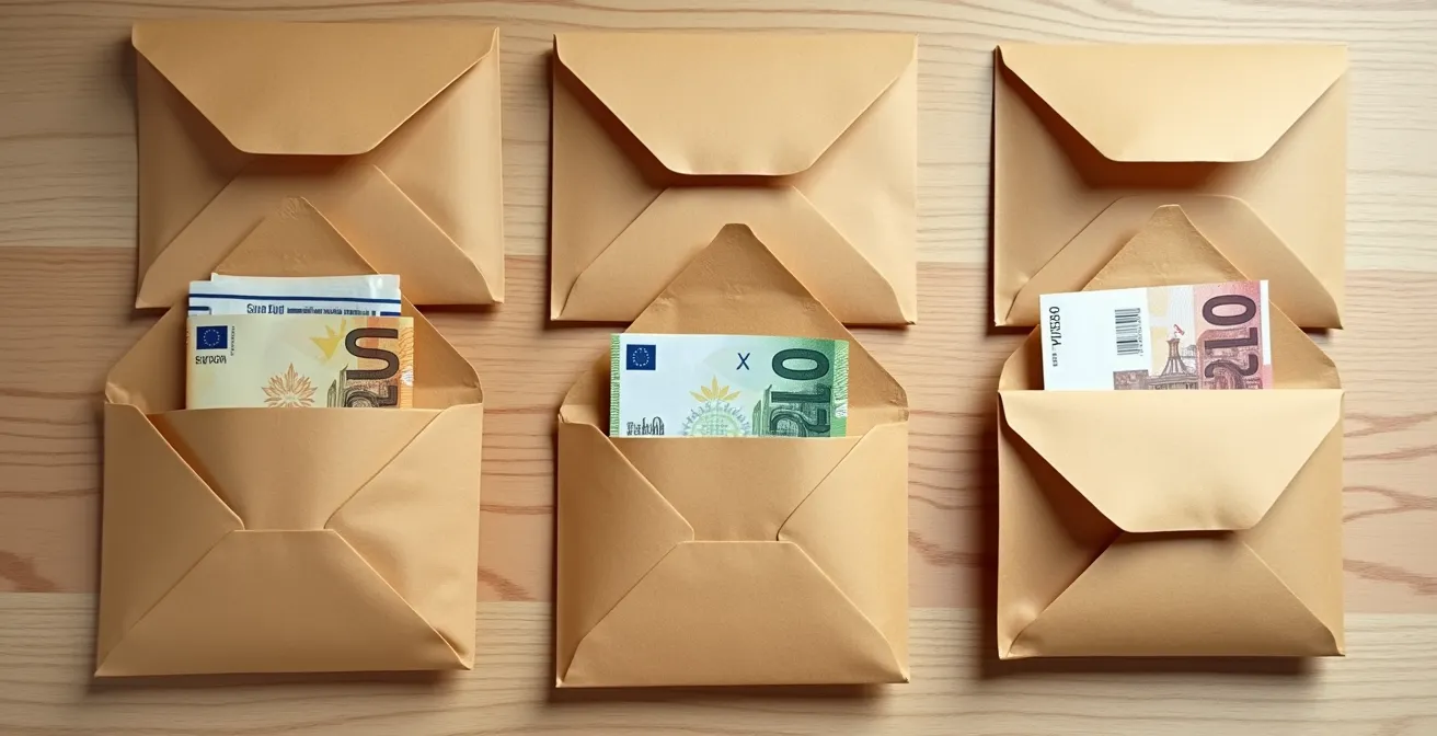Verschiedene Briefumschläge mit Bargeld für unterschiedliche Budgetkategorien auf einem Holztisch