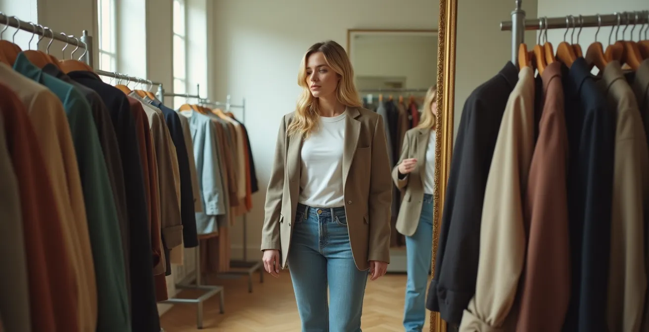 Frau probiert oversized Vintage-Herrenblazer in Second-Hand-Boutique an