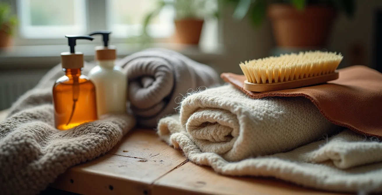 Nahaufnahme verschiedener Vintage-Stoffe und Pflegemittel