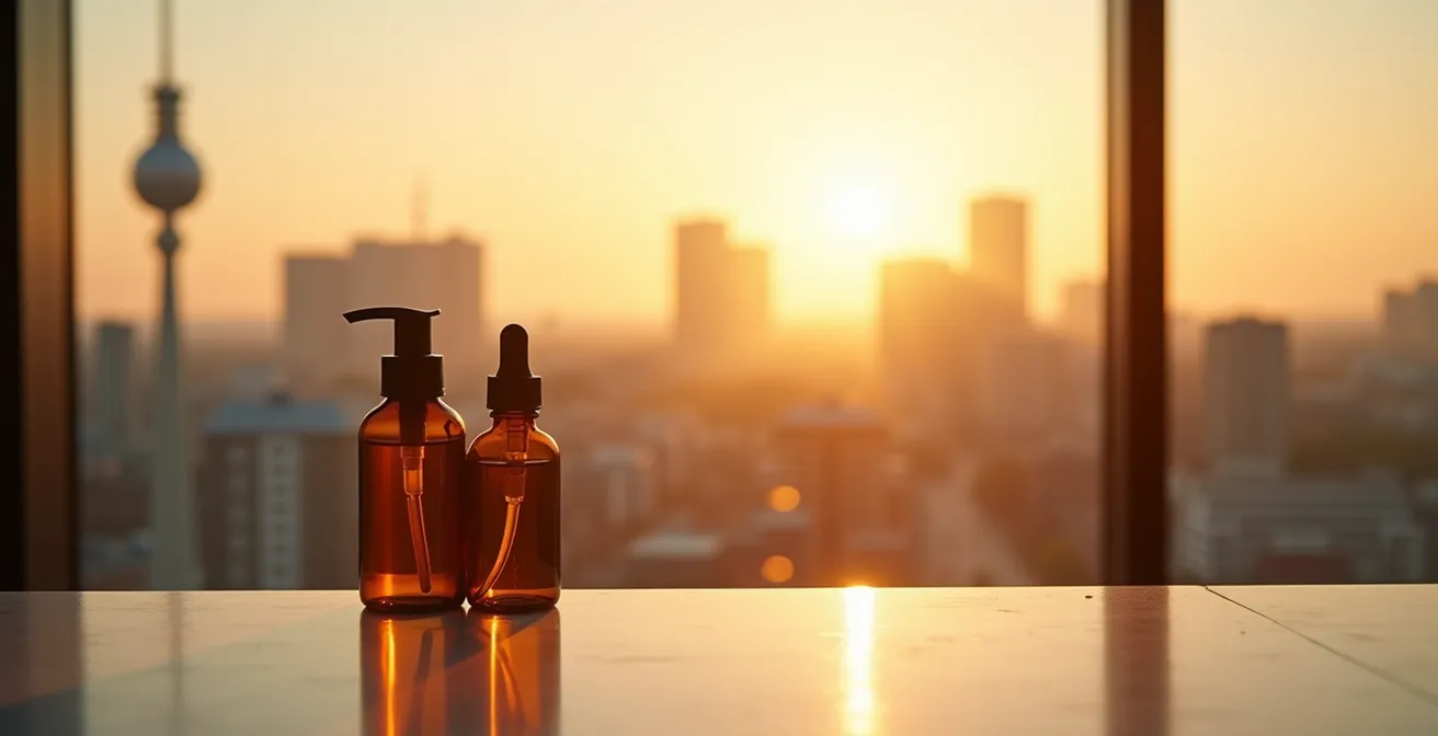 Moderne Stadtsilhouette mit symbolischem Schutzschild-Effekt