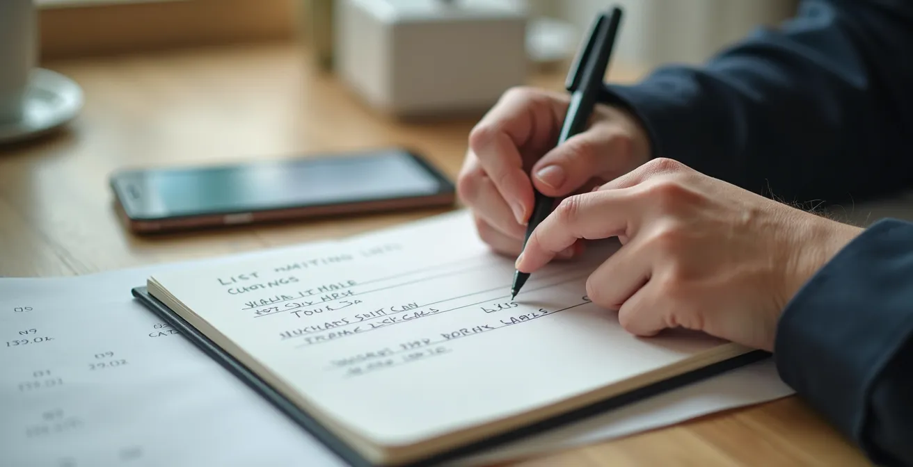 Notizbuch mit handgeschriebener Warteliste neben Smartphone