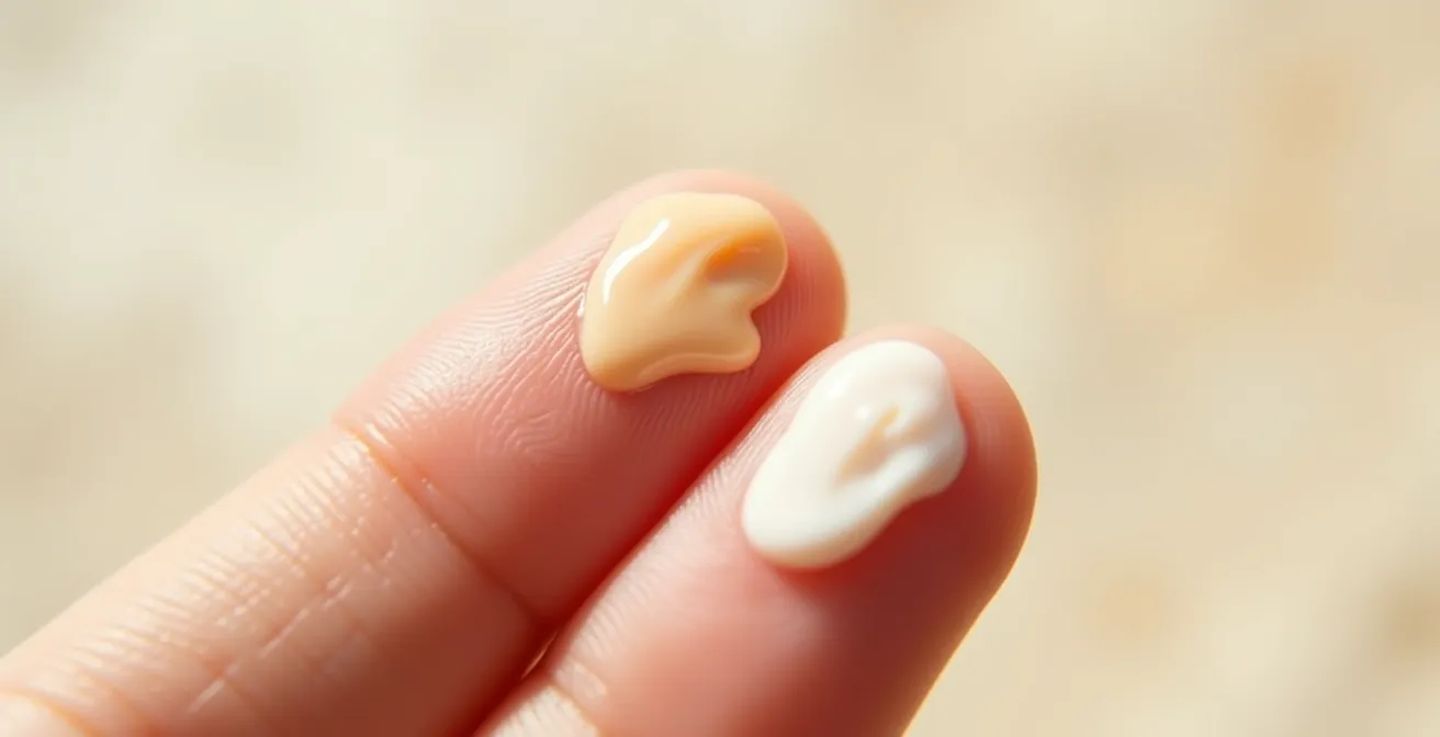 Makroaufnahme verschiedener Sonnencreme-Texturen auf Fingern im natürlichen Licht